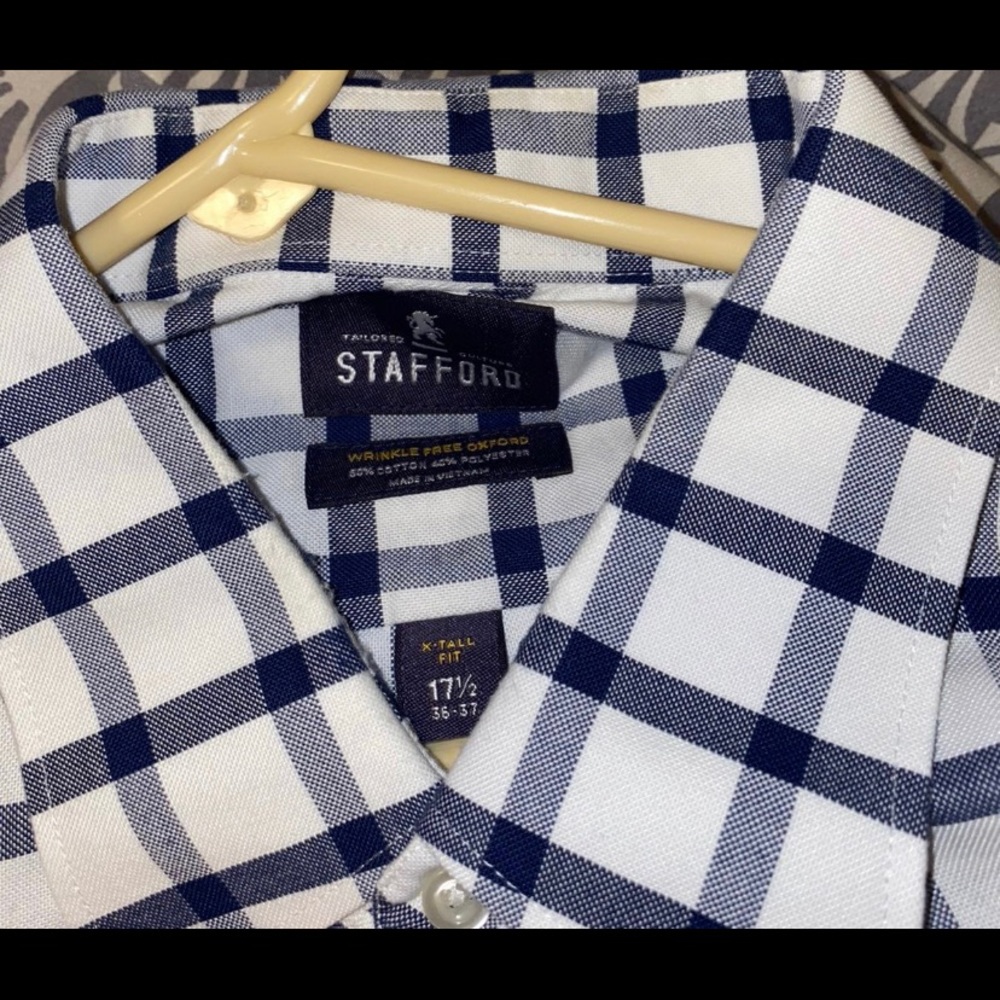 Two Stafford mens button up shirts in 17 1/2 36/37. navy/white and purple/white.